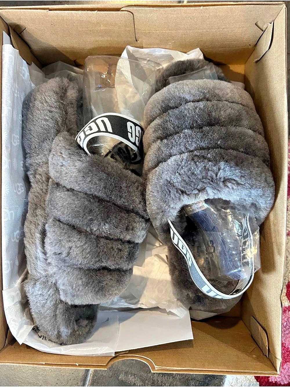 UGG Funkette Plush Slide Sandals Gray US 6 NWT